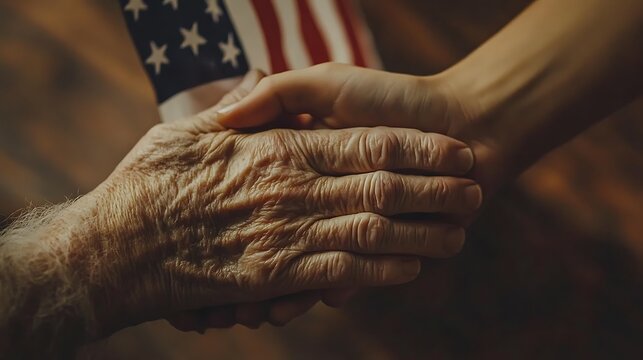 A touching scene of old and young hands intertwined, holding a folded American flag, generational unity, soft warm lighting, deep emotional storytelling, ultra-HD detail, cinematic depth,
