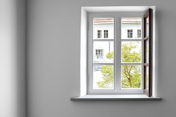 White window with open shutter reveals outside building and tree