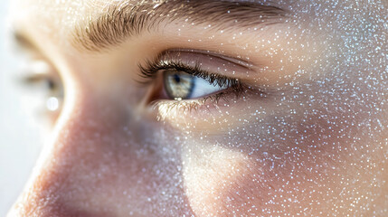 close up of person eye with shimmering particles on skin, reflecting light beautifully. image captures sense of wonder and tranquility