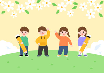 Vector illustration of cute elementary school students.