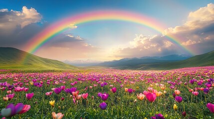 Vivid rainbow arcing over a field of blooming wildflowers