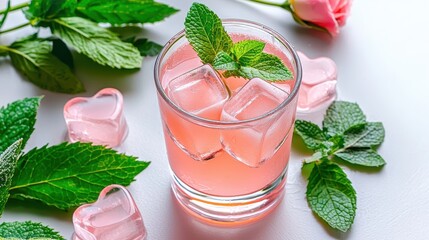 Refreshing Pink Beverage with Mint and Heart Shaped Ice