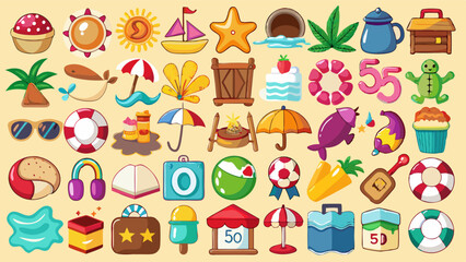 Colorful beach icon vector such as sailboats, beach balls, sun, waves, and more. Perfect for web design, mobile apps, promotional materials, or infographic