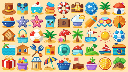 Fototapeta premium Colorful beach icon vector such as sailboats, beach balls, sun, waves, and more. Perfect for web design, mobile apps, promotional materials, or infographic
