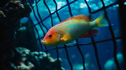 Naklejka premium A brightly colored parrotfish swimming gracefully inside an aquarium-style cage, vivid hues glowing under blue light.