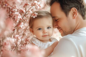 Cheerful family of three sitting on couch in light living room, parent and their daughter enjoy time together at home. Parenthood happiness, Generative AI