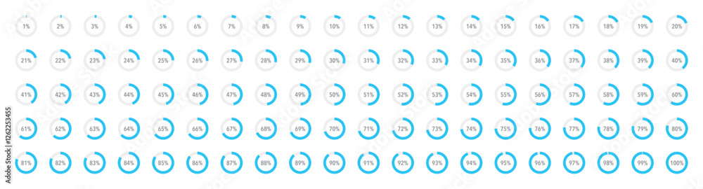 Fototapete set of round blue infographic pie charts, template segment of circle icons 0% - 100%, simple flat de