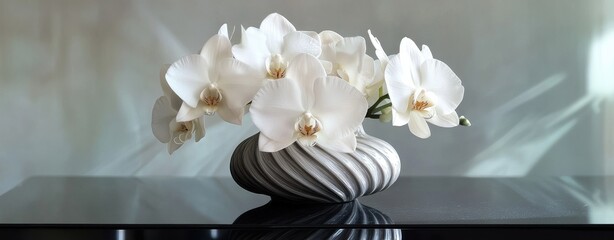 A vase of white orchids sits on a black table