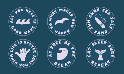 Surfing, ocean quotes, icons in round frame. Simple wave, sigal, surf symbols for camp, resort stickers, merch, t short design