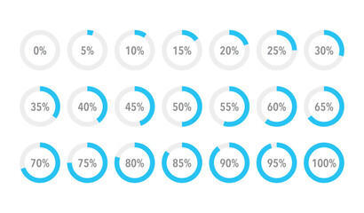 Set of round blue infographic pie charts, template segment of circle icons 0% - 100%, simple flat design loading data interface elements app button ui ux web, vector isolated on white background