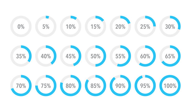 Set of round blue infographic pie charts, template segment of circle icons 0% - 100%, simple flat design loading data interface elements app button ui ux web, vector isolated on white background