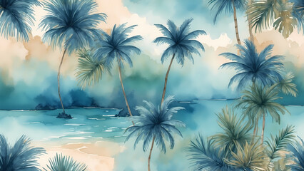 Watercolor illustration of palm trees on tropical beach