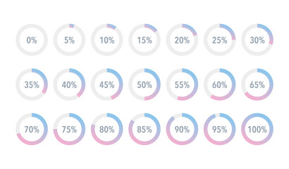Set of blue pink gradient infographic pie charts, segment of circle icons 0% - 100%, simple flat design loading data interface elements app button ui ux web, vector isolated on white background