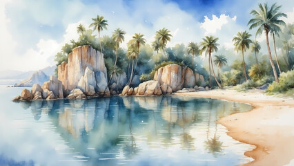 Fototapeta premium Watercolor tropical beach with palm trees and rocky cliffs