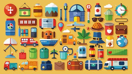 Obraz premium the spirit of travel and adventure with charming illustrations of luggage, transportation, landmarks, and essential travel gear, perfect for elevating any travel-related design