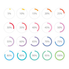 Set of colorful infographic percentage piecharts / segment of hole circle icons 0% - 100%, simple flat design loading data interface elements app button ui ux web, vector isolated on white background