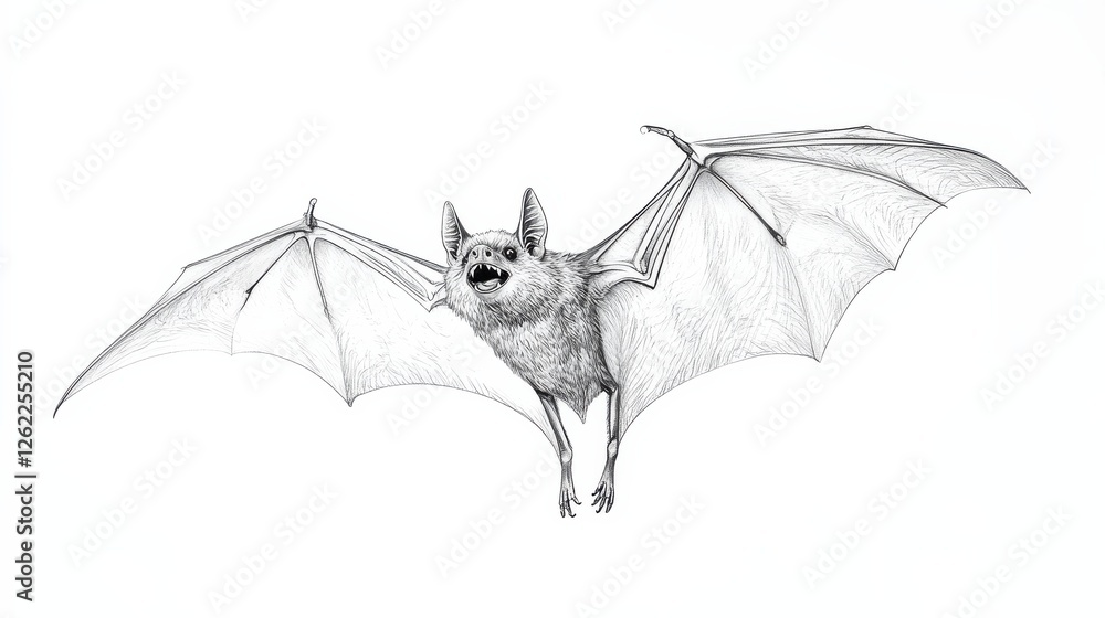 Poster detailed sketch of a flying bat with open wings and animated expression