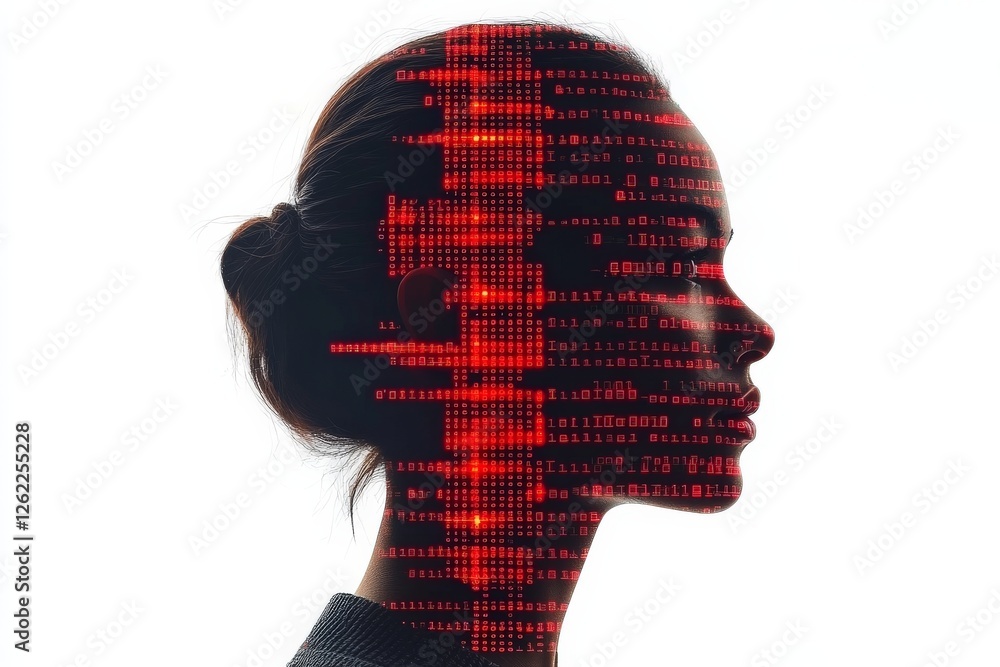 Poster dual human profiles with red digital code overlay, symbolizing artificial intelligence, data exchang