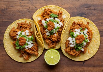 Shredded Meat Tacos on Wooden Surface