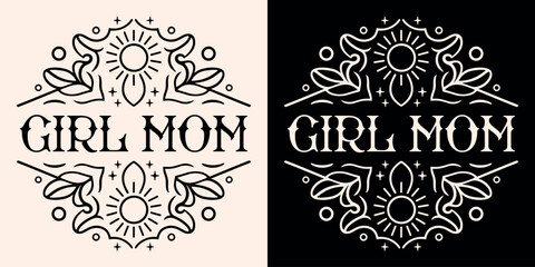Girl mom spiritual mama witchy gothic aesthetic round badge sticker for mother's day baby shower gift. Dark academia floral celestial moon magic retro vintage theme black printable card shirt design.