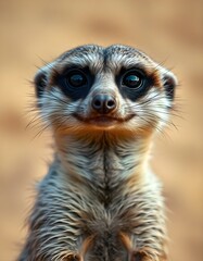 Fototapeta premium Meerkat with bright eyes and poised stance captured in a softly blurred desert setting