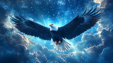 Fototapeta premium An artistic depiction of a bald eagle in flight, wings forming a perfect American flag silhouette against a bright blue sky, clouds shaped like stars, stylized yet realistic, hyper-detailed feathers,