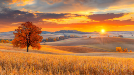 Fototapeta premium Autumn sunrise over rolling hills and wheat field