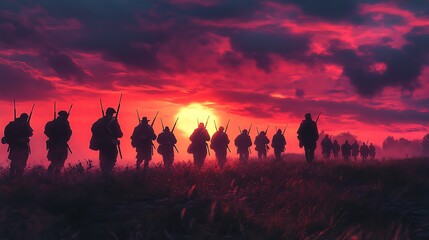 Fototapeta premium An emotional scene of generations of soldiers, their silhouettes merging into one another as they march forward through time, transitioning from muskets to modern rifles, stunning twilight colors,