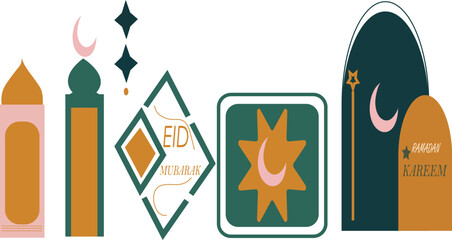 Set of Ramadan Kareem and Eid Mubarak holiday elements  in geometric flat style. Islamic  Mosque, windows, arches, moon and stars. Modern vector illustration