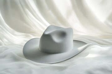 Elegant white cowboy hat resting on delicate fabric, illuminated by soft, natural light, creating a serene and stylish atmosphere.