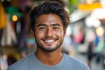 Fototapeta premium Portrait of young handsome asian beauty smile man isolated background, Generative AI