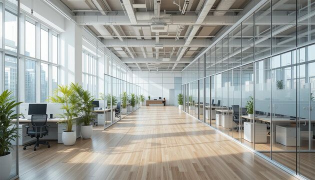 Modern open-plan office with glass partitions, wooden flooring, and abundant natural light, featuring workstations and potted plants