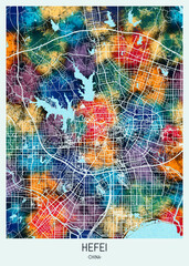 Obraz premium Hefei China Map. downtown printable Landmarks, print city painting, travel art, city banner, modern city, urban city art, background abstract city Map