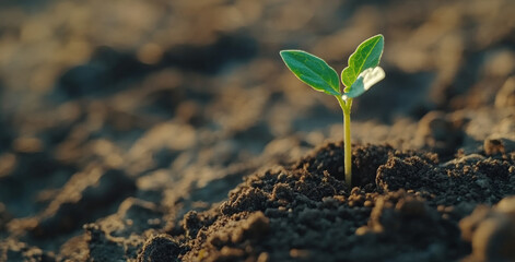 New sprout growing from the soil on a blurred background, with a banner that has a copy space area for ecology or environment protection concepts.