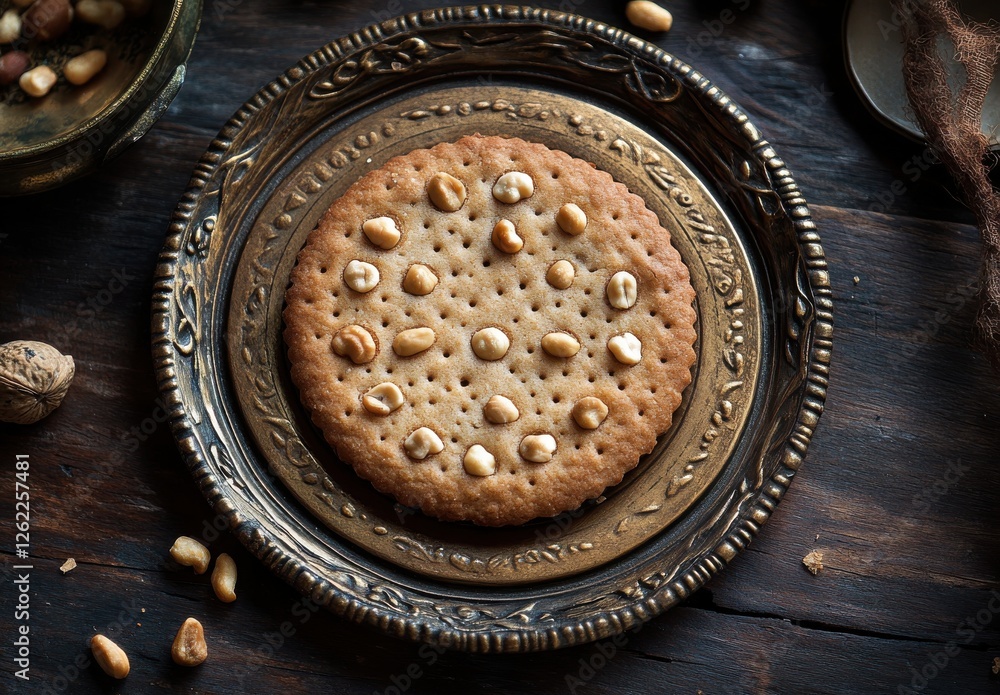 Poster round peanut topped cookie presented on ornate plate surrounded by nuts in rustic setting with dark 