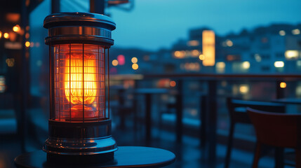Cozy outdoor patio heater glowing at night, warm ambiance