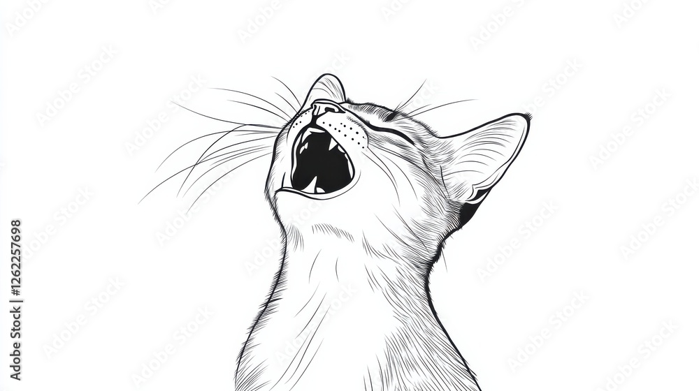 Poster detailed line art of cat with open mouth and exaggerated expression