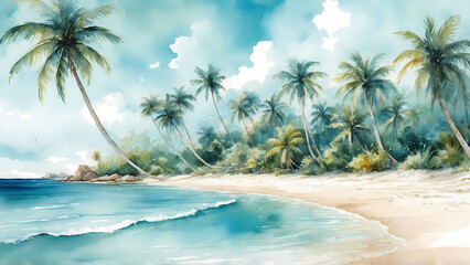 Watercolor tropical beach with palm trees and turquoise ocean