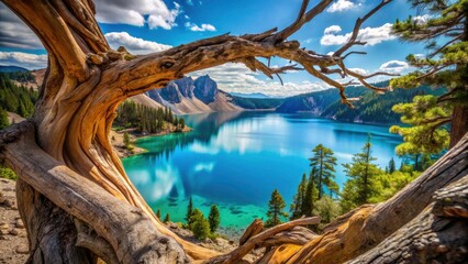 Fototapeta premium Turquoise Crater Lake, Twisted Branches, Dramatic Landscape Photography, Nature Photography, Candid Shot