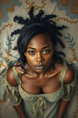 Fototapeta premium Elegant Black woman in green dress lying on artistic fabric with deep gaze