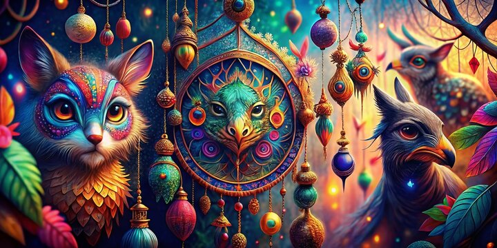 Colorful Animal Patchwork Dreamcatcher Wallpaper with Bokeh Effect