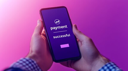 Mobile Payment Success on Smartphone Display with Vibrant Purple Background