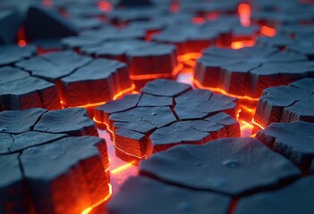 Abstract Dark Cracked Hexagonal Tiles with Glowing Red Light Background