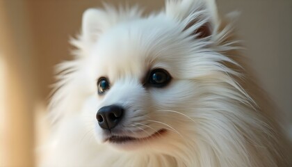 Fototapeta premium Close up of Japanese Spitz with bright eyes and detailed fur against blurred background