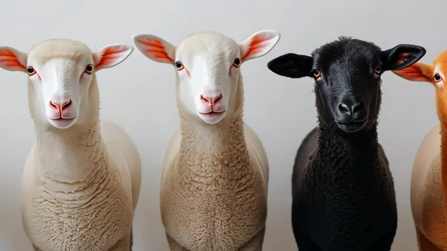 A row of sheep with different colored faces. The sheep are all facing the camera. The sheep are all different colors, including white, black, and brown