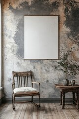 Poster, wall mockup in interior background with old grunge furniture, 3d render, Generative AI