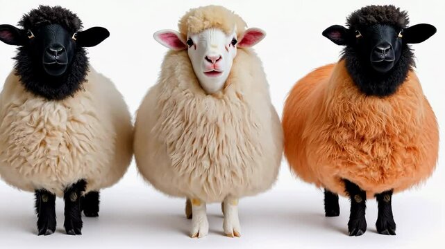 Three sheep standing in a row, one of which is orange. The sheep are all different colors and sizes, but they all have the same expression on their faces. The image has a playful and whimsical mood
