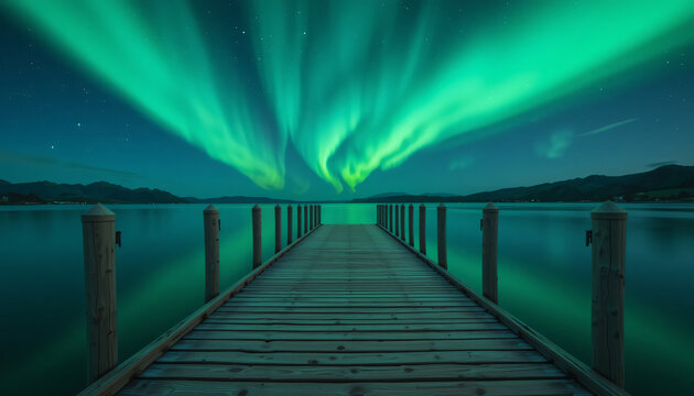 wooden pier with green aurora lights - Powered by Adobe