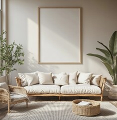 Cozy home interior with frame mockup, 3d render, Generative AI