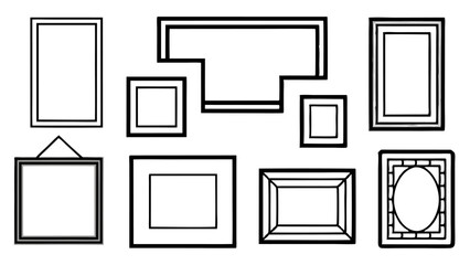 A versatile collection of black and white vector frames, ranging from simple rectangles to unique shapes, offers a modern and minimalist approach to showcasing photos or artwork